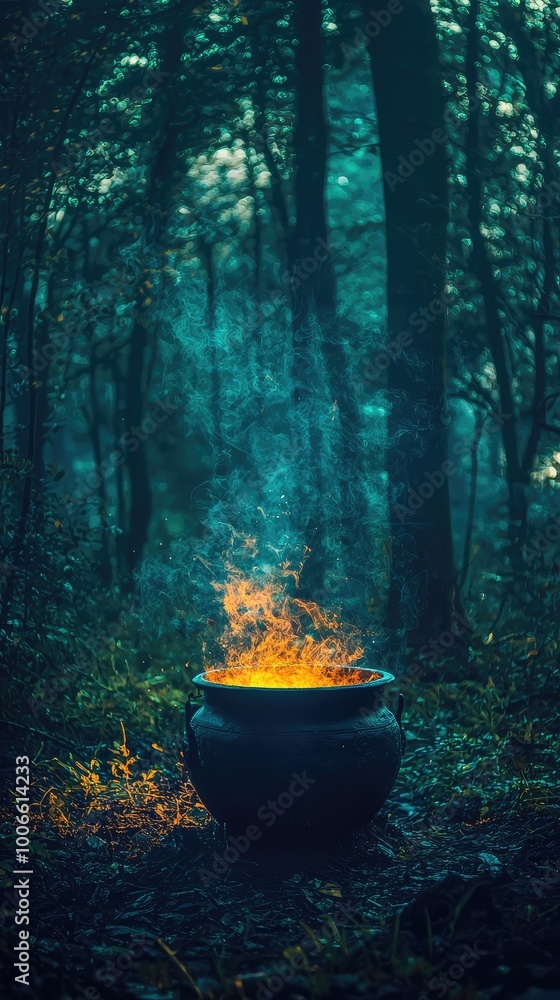 A mystical pot of fire burns in a dark forest, surrounded by enchanting trees and soft mist, creating a captivating atmosphere. A mystical pot of fire burns in a dark forest, surrounded by enchanting trees and soft mist, creating a captivating atmosphere.