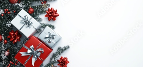 Christmas gifts, white background, red and silver gift boxes with ribbons and bow decorations next to the Christmas tree, in the style of cartoon style, 3D rendering, minimalism, simple details