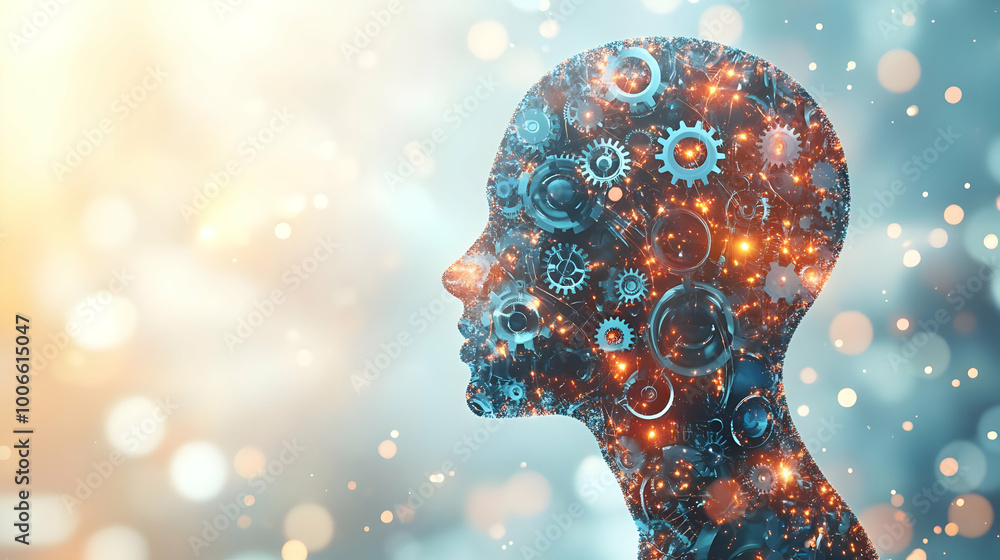 3D Abstract Human Head Silhouette with Gears and Bokeh Lights - Artistic Concept for Ideas, Innovation, and Teamwork in Business 3D Abstract Human Head Silhouette with Gears and Bokeh Lights - Artistic Concept for Ideas, Innovation, and Teamwork in Business