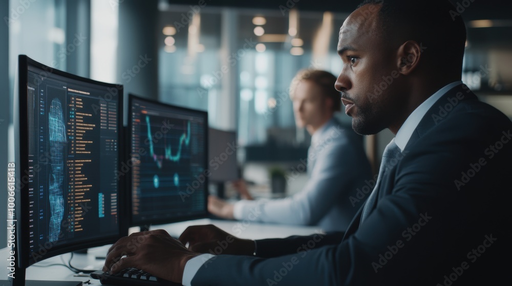 Financial analyst working on computer with analytics and charts on screen in office Financial analyst working on computer with analytics and charts on screen in office