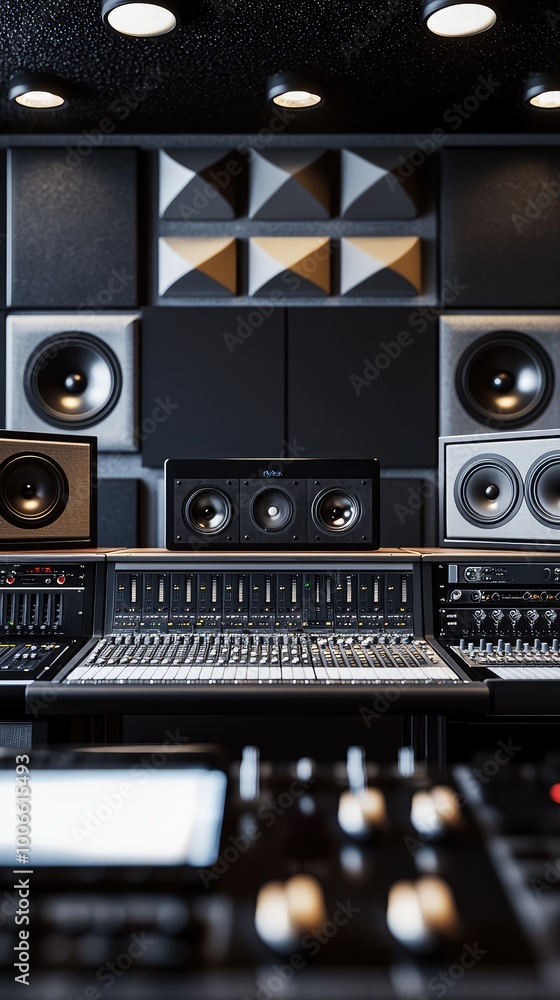 Fototapeta premium A professional recording studio with soundproof panels, mixing console and speakers.