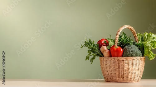 Fresh vegetables in a wicker basket on a wooden table against a green background.