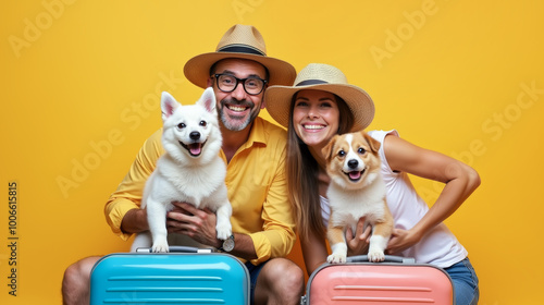 Happy couple wearing summer hats, accompanied by their dogs and colorful suitcases, posing in front of a bright yellow background. 
