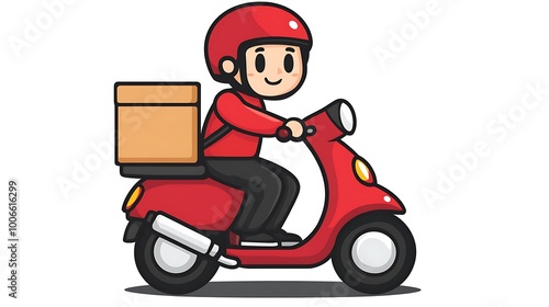 Cartoon delivery man riding red scooter with box illustration