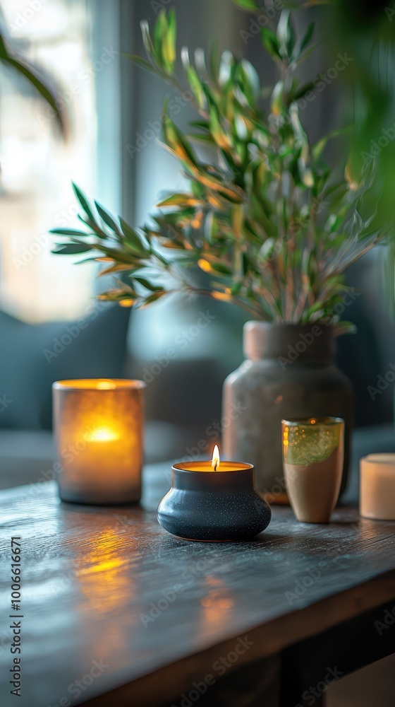 A serene arrangement of candles and greenery on a rustic table, creating a warm, inviting atmosphere for relaxation and comfort. A serene arrangement of candles and greenery on a rustic table, creating a warm, inviting atmosphere for relaxation and comfort.