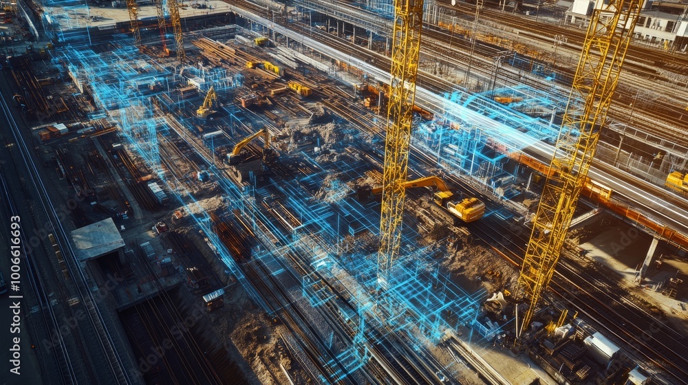 Fototapeta premium Dynamic construction site with digital overlays illustrates architectural progress and technological innovation in building design.