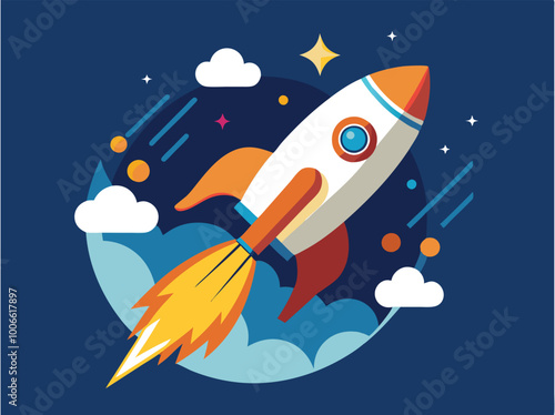 Print Business start up idea with Rocket launch up to the space