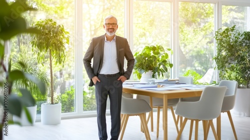 A confident man in a sleek suit stands in a modern office filled with greenery and illuminated by sunlit windows.