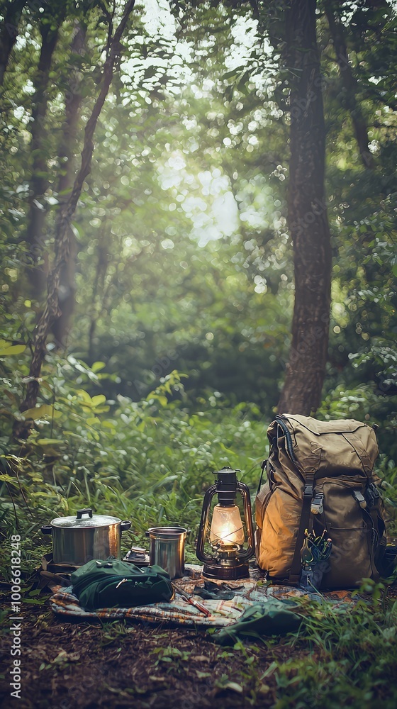Fototapeta premium A serene camping scene with an illuminated lantern, backpack, and cooking gear amidst lush green forest surroundings.