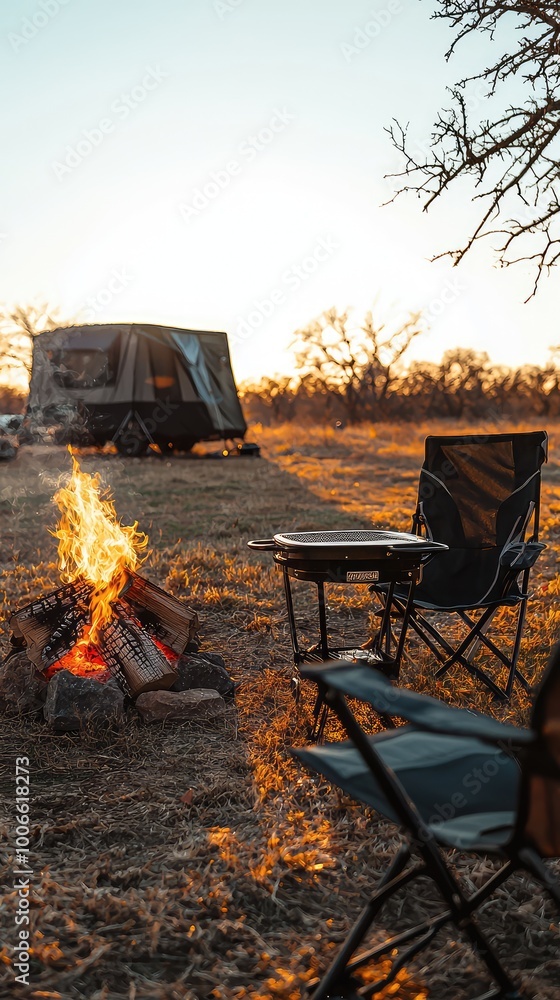 A serene camping scene with a campfire, chairs, and a tent under the sunset sky, perfect for nature lovers and adventure seekers.