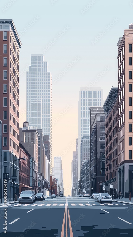 A serene cityscape featuring tall buildings, clear skies, and an empty street, perfect for modern urban illustrations. A serene cityscape featuring tall buildings, clear skies, and an empty street, perfect for modern urban illustrations.