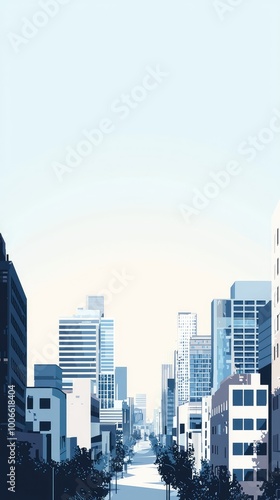 A serene cityscape featuring modern buildings, clear skies, and tree-lined streets, perfect for urban lifestyle themes.