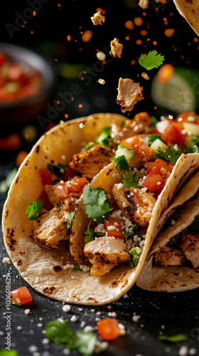 Flavorful chicken tacos with fresh toppings and herbs photo