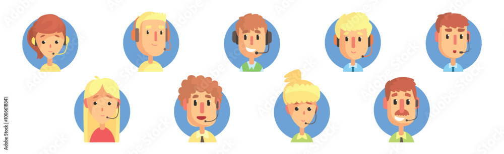 Hotline Call Center Man and Woman Operator at Support Department Vector Set Hotline Call Center Man and Woman Operator at Support Department Vector Set