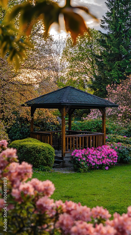 A serene garden gazebo surrounded by vibrant flowers and lush greenery, perfect for relaxation and outdoor gatherings. A serene garden gazebo surrounded by vibrant flowers and lush greenery, perfect for relaxation and outdoor gatherings.
