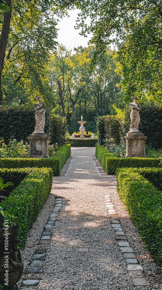 A serene garden path framed by lush greenery and elegant statues, inviting visitors to explore its tranquil beauty. A serene garden path framed by lush greenery and elegant statues, inviting visitors to explore its tranquil beauty.