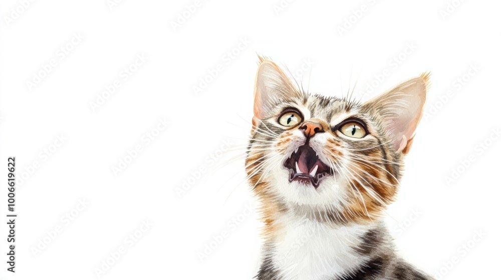 Obraz premium A cat meowing with mouth slightly open, realistic facial expression, best for marketing, isolated on white background