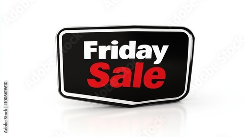 A bold Friday Sale sign with red letters inside a black emblematic shape, drawing attention on a stark white background.