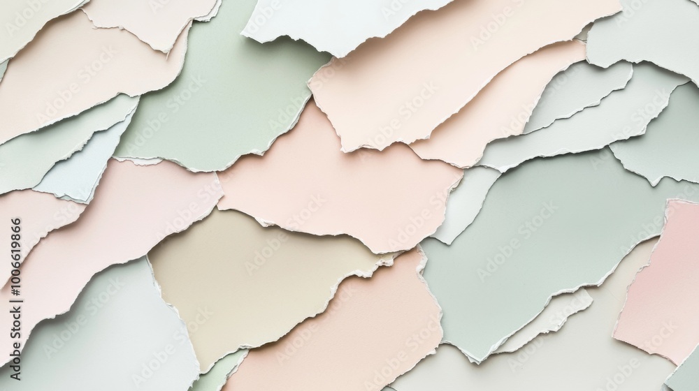 Abstract background created with multiple pieces of torn paper in pastel colors, forming a textured and layered composition Abstract background created with multiple pieces of torn paper in pastel colors, forming a textured and layered composition