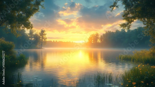 Beautiful Sunrise over Calm Lake with Fog and Trees, Peaceful Nature Landscape Photography