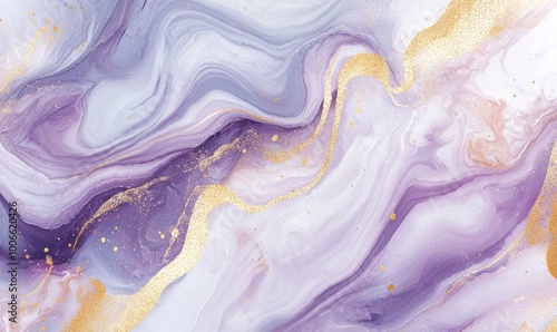 an abstract marbled design with swirling shades of purple, white, and gold.