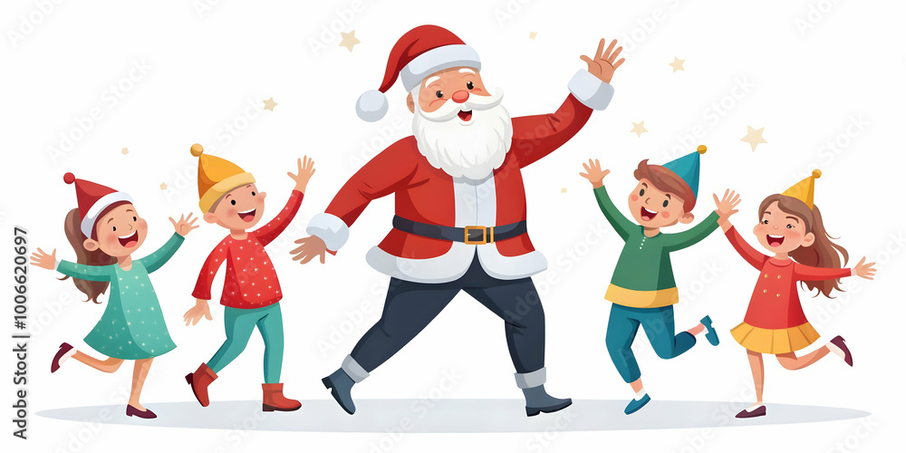 Flat Santa Joyfully Dancing with Children at Holiday Party - Fun Vector Illustration Capturing Festive Energy and Excitement Flat Santa Joyfully Dancing with Children at Holiday Party - Fun Vector Illustration Capturing Festive Energy and Excitement