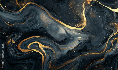  an abstract marbled design with swirling shades of black, gray, and gold. The rich, flowing patterns and gold accents resembling natural stone or cosmic waves.