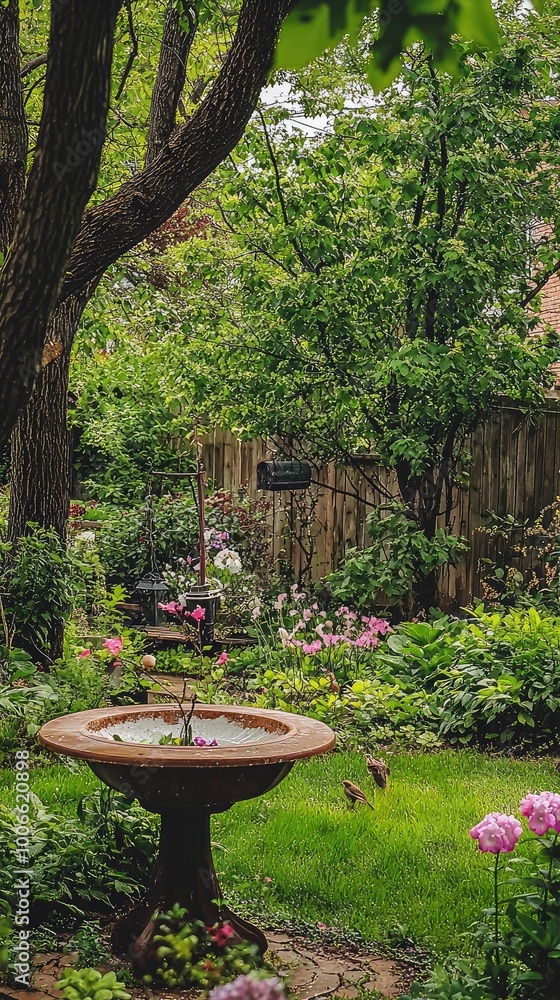A serene garden view featuring a decorative birdbath surrounded by lush greenery and vibrant flowers. A serene garden view featuring a decorative birdbath surrounded by lush greenery and vibrant flowers.