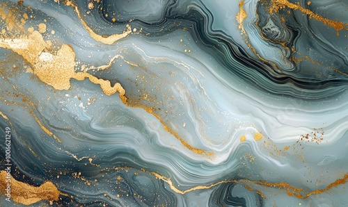an abstract marbled design with swirling hues of blue, gray, and gold. The fluid pattern creates an elegant and luxurious aesthetic reminiscent of natural stone or ink art.