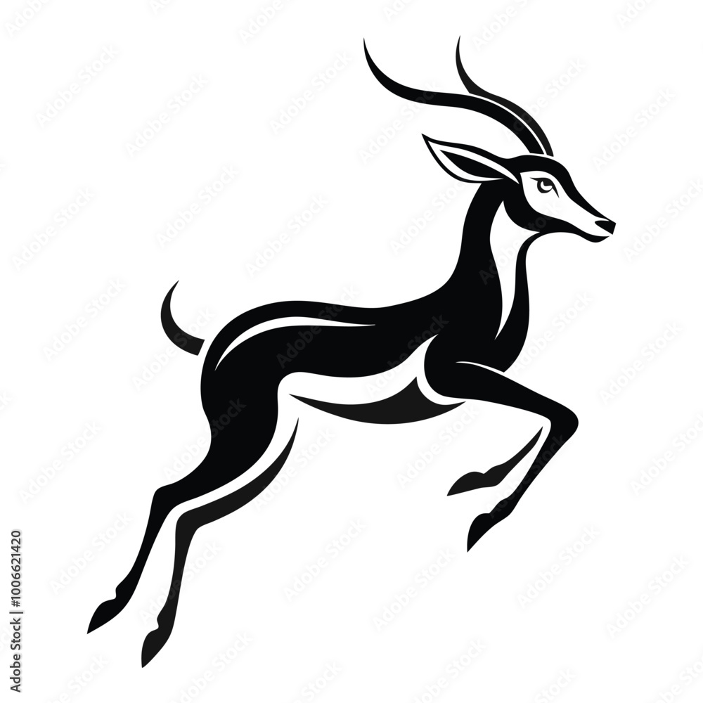 Minimalistic vector silhouette of a gazelle in a dynamic jumping pose, featuring smooth, bold lines. The design has a clean, iconic look.
Minimalistic vector silhouette of a gazelle in a dynamic jumping pose, featuring smooth, bold lines. The design has a clean, iconic look.