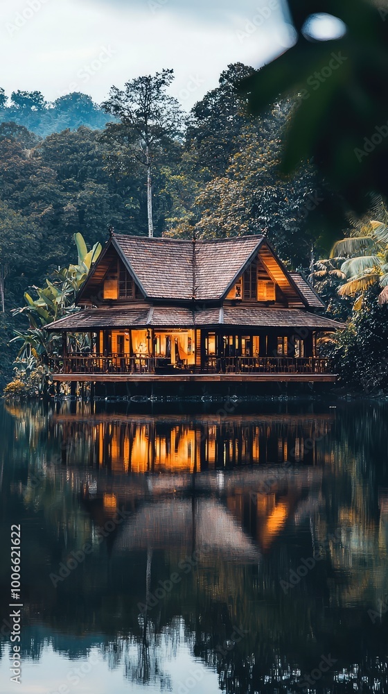 A serene lakeside house illuminated at dusk, reflecting beautifully on calm waters, surrounded by lush greenery. A serene lakeside house illuminated at dusk, reflecting beautifully on calm waters, surrounded by lush greenery.