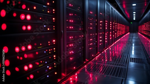 Red lights illuminate a server room with rows of powerful computer servers