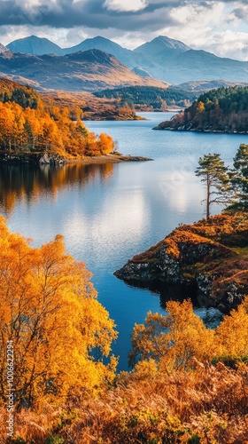 A serene landscape showcasing vibrant autumn foliage reflecting on a tranquil lake surrounded by majestic mountains.