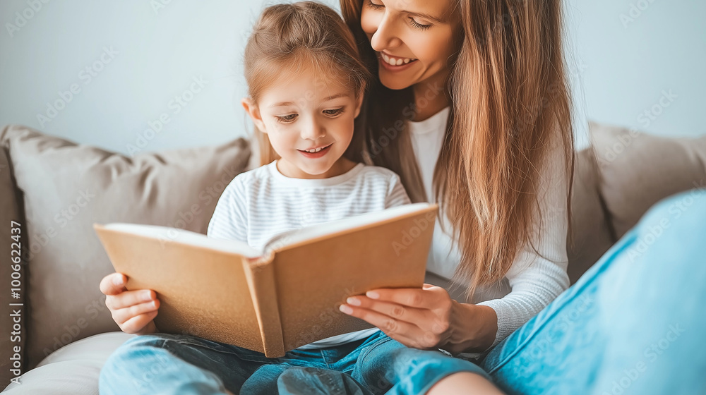Mother and daughter reading a book together while sitting on the couch
Mother and daughter reading a book together while sitting on the couch