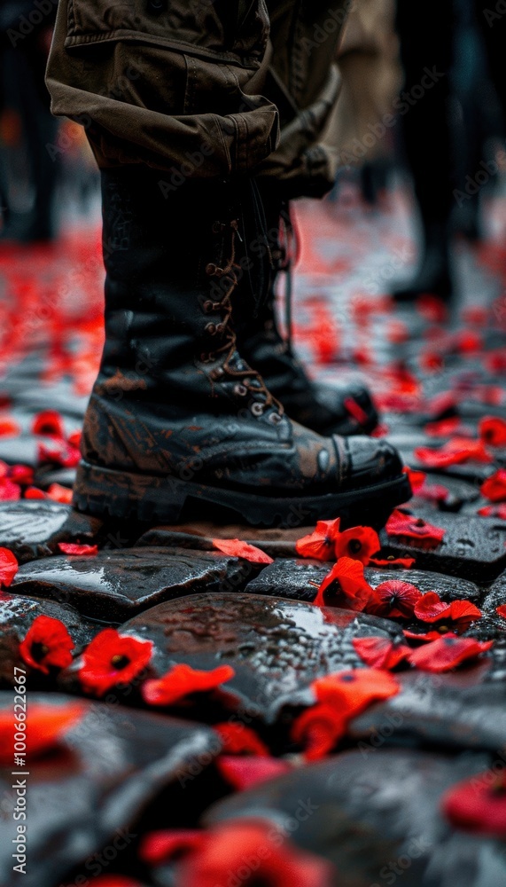 Obraz premium Soldier's Boots Among Fallen Poppy Petals on Cobblestone Street During Armistice Day Ceremony
