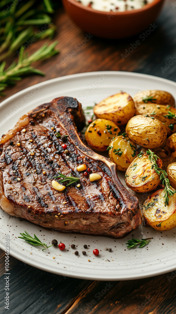 Grilled steak served with roasted baby potatoes Grilled steak served with roasted baby potatoes