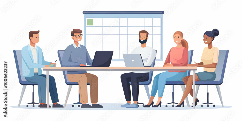 Flat Vector Illustration of a Candid Office Team Meeting Discussing 2025 Goals with Calendars � Emphasizing Collaboration and Teamwork in a Smart Business Tone Flat Vector Illustration of a Candid Office Team Meeting Discussing 2025 Goals with Calendars � Emphasizing Collaboration and Teamwork in a Smart Business Tone
