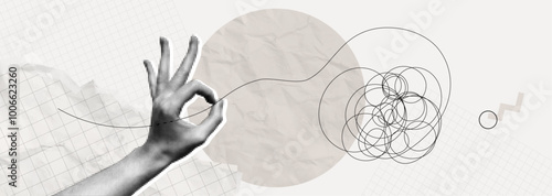 Trendy Halftone Collage Simplify complex process. Hand untangle messy line. Tangle chaos. Easy solution. Mental problem. Brain imagination. Contemporary vector illustration art