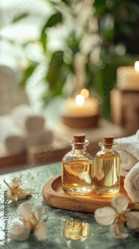 A serene spa setting featuring essential oil bottles, candles, and peaceful decor for relaxation and wellness.