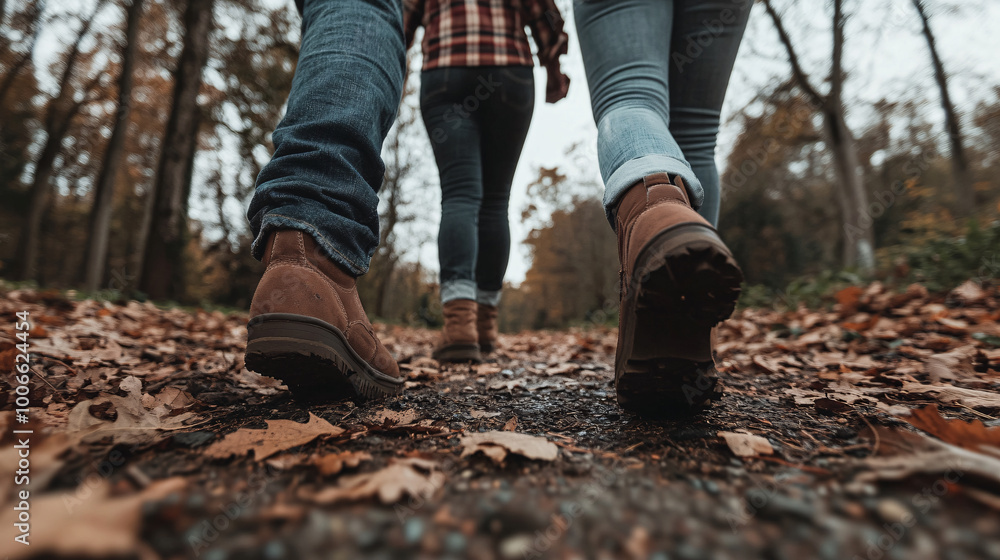 Two people walking on forest path covered with autumn leaves, wearing brown boots and jeans, enjoying nature together Two people walking on forest path covered with autumn leaves, wearing brown boots and jeans, enjoying nature together