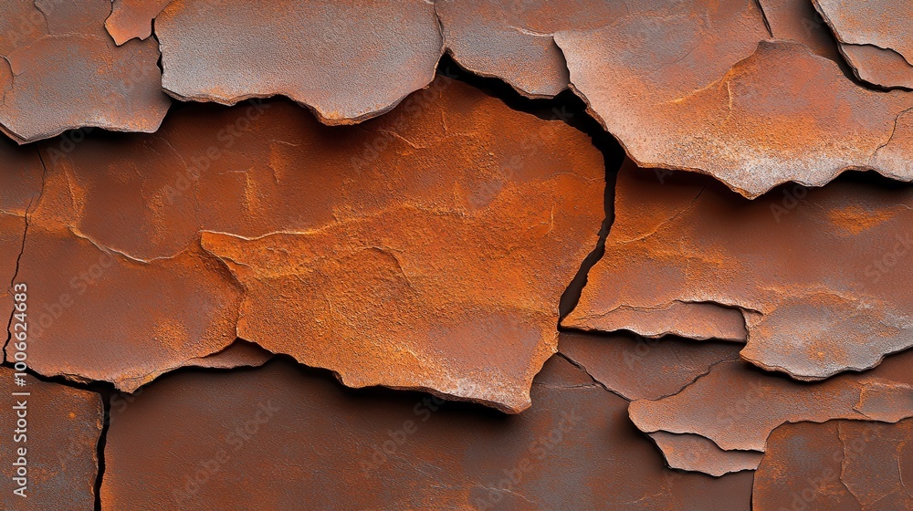 Obraz premium Close-up of peeling rusted metal surface with cracked and textured layers