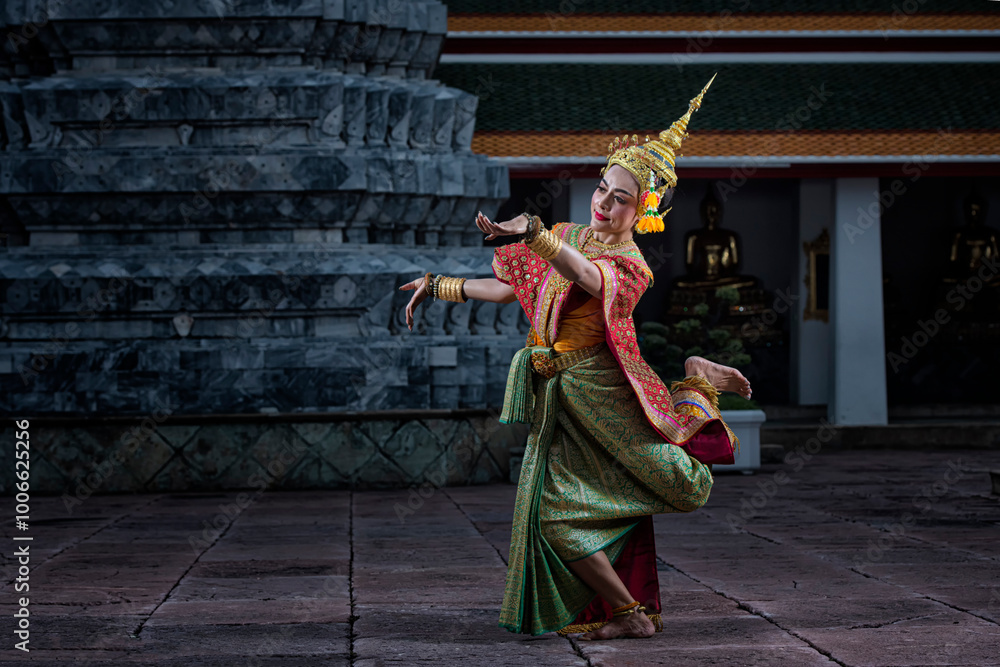 Naklejka premium person in costume. Woman dancers in clothing. Woman in Traditional Costume of Thailand.