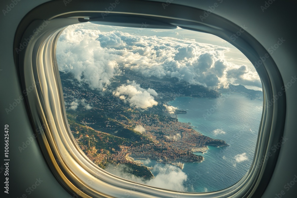Airplane Window View of Cityscape Overlooking the Ocean Airplane Window View of Cityscape Overlooking the Ocean