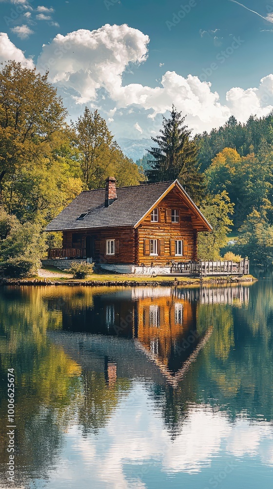 A serene wooden house reflected in calm waters, surrounded by lush trees under a bright blue sky with fluffy clouds. A serene wooden house reflected in calm waters, surrounded by lush trees under a bright blue sky with fluffy clouds.