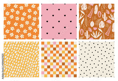 Set of cute abstract seamless patterns. Tropical, spotted, floral, heart backgrounds. Colorful prints for textile, paper, baby nursery design. Hand drawn vector illustrations.