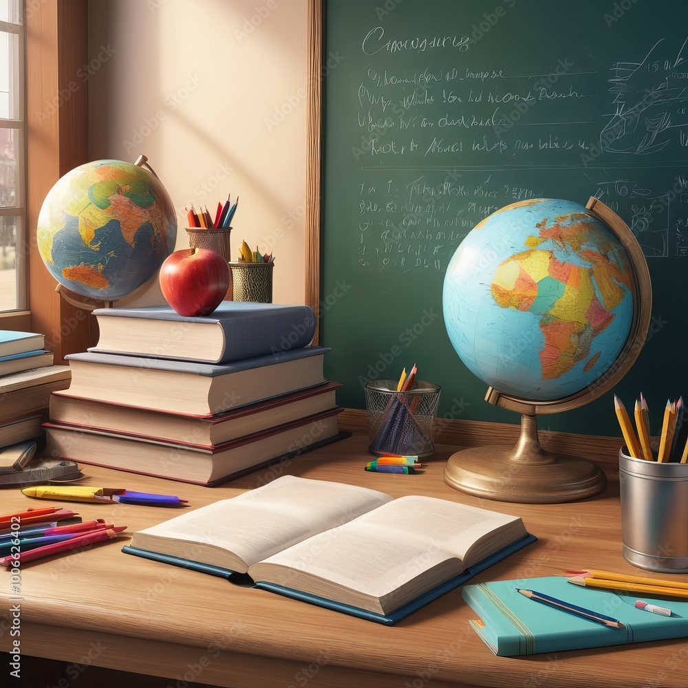 Back to school concept classroom, desk with globe, chalkboard, books and apples, pencils and pens, educational setting, cozy atmosphere, wall with framed posters, warm lighting, academic environment
Back to school concept classroom, desk with globe, chalkboard, books and apples, pencils and pens, educational setting, cozy atmosphere, wall with framed posters, warm lighting, academic environment