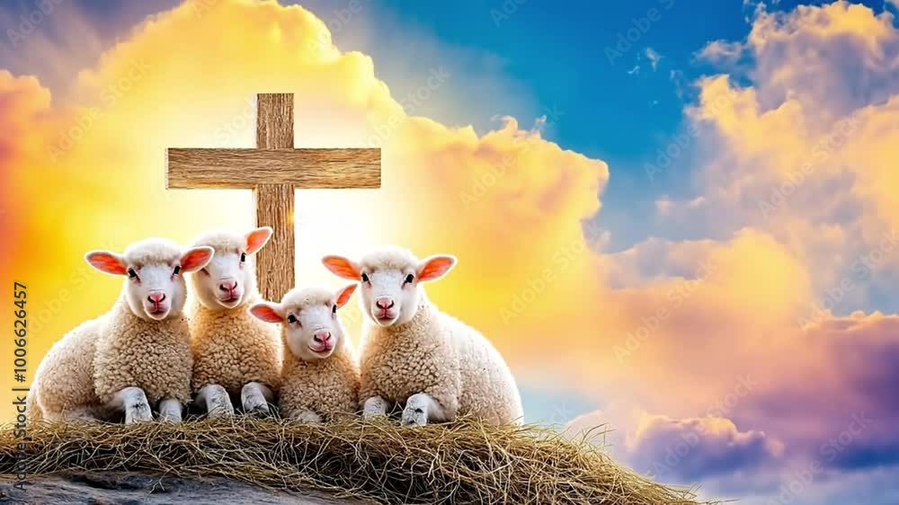 Religious Catholic video. Lambs resting by cross at majestic sunrise.