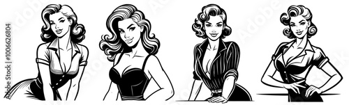 retro pin-up girl portrait set, hand-drawn black and white, vector illustration
