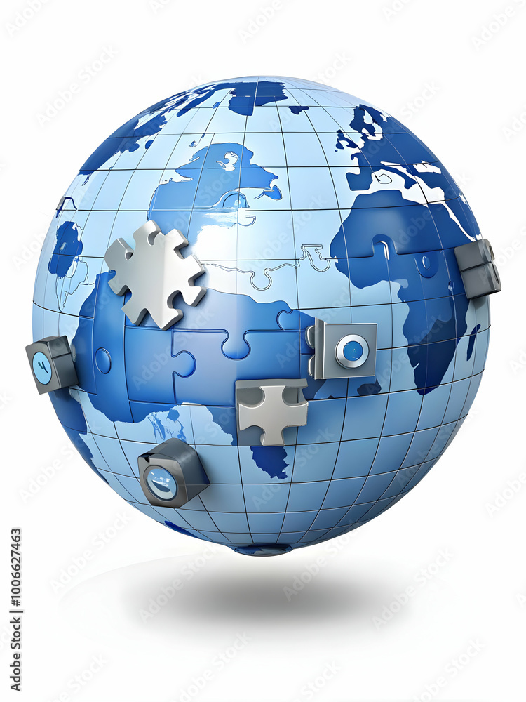 Intricate Policy Puzzle Globe Illustration: Zooming in on Policy Icons with Space for Global Policy Information on White Background Intricate Policy Puzzle Globe Illustration: Zooming in on Policy Icons with Space for Global Policy Information on White Background