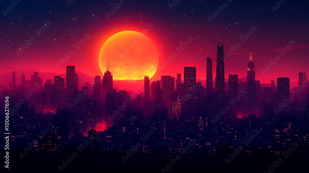 Red sunset over a futuristic cityscape with silhouettes of skyscrapers. Neon cityscape wallpaper. City at night. Red sunset over a futuristic cityscape with silhouettes of skyscrapers. Neon cityscape wallpaper. City at night.